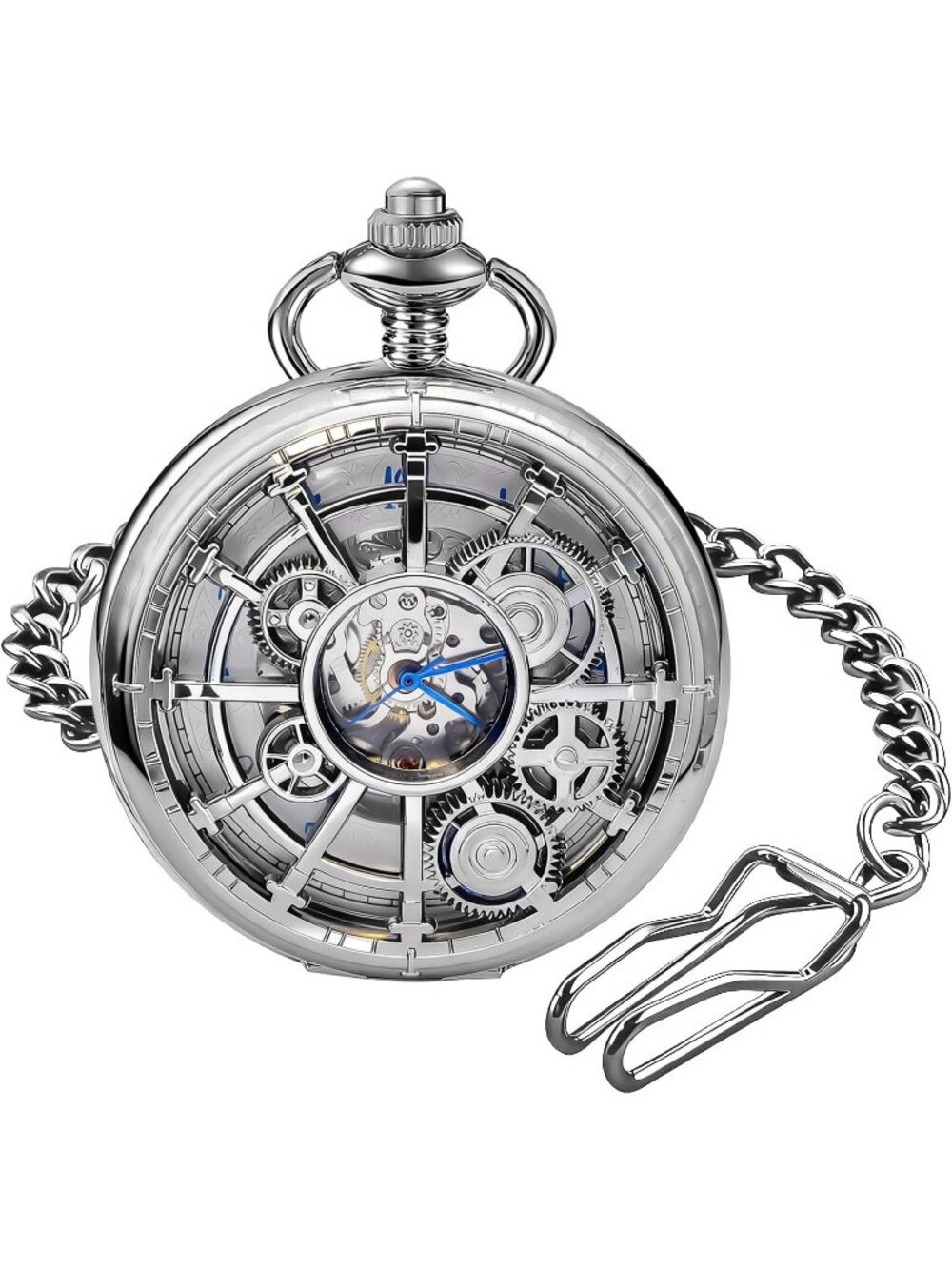 Men's Silver Vintage Style Hollow-Out Round Gear Arabic Mechanical Pocket Watch